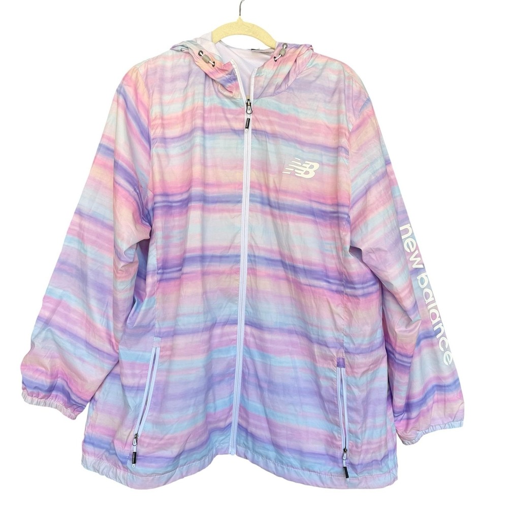 New Balance Jacket Womens 3X Multicolor Pastel Striped Hooded Windbreaker Zip